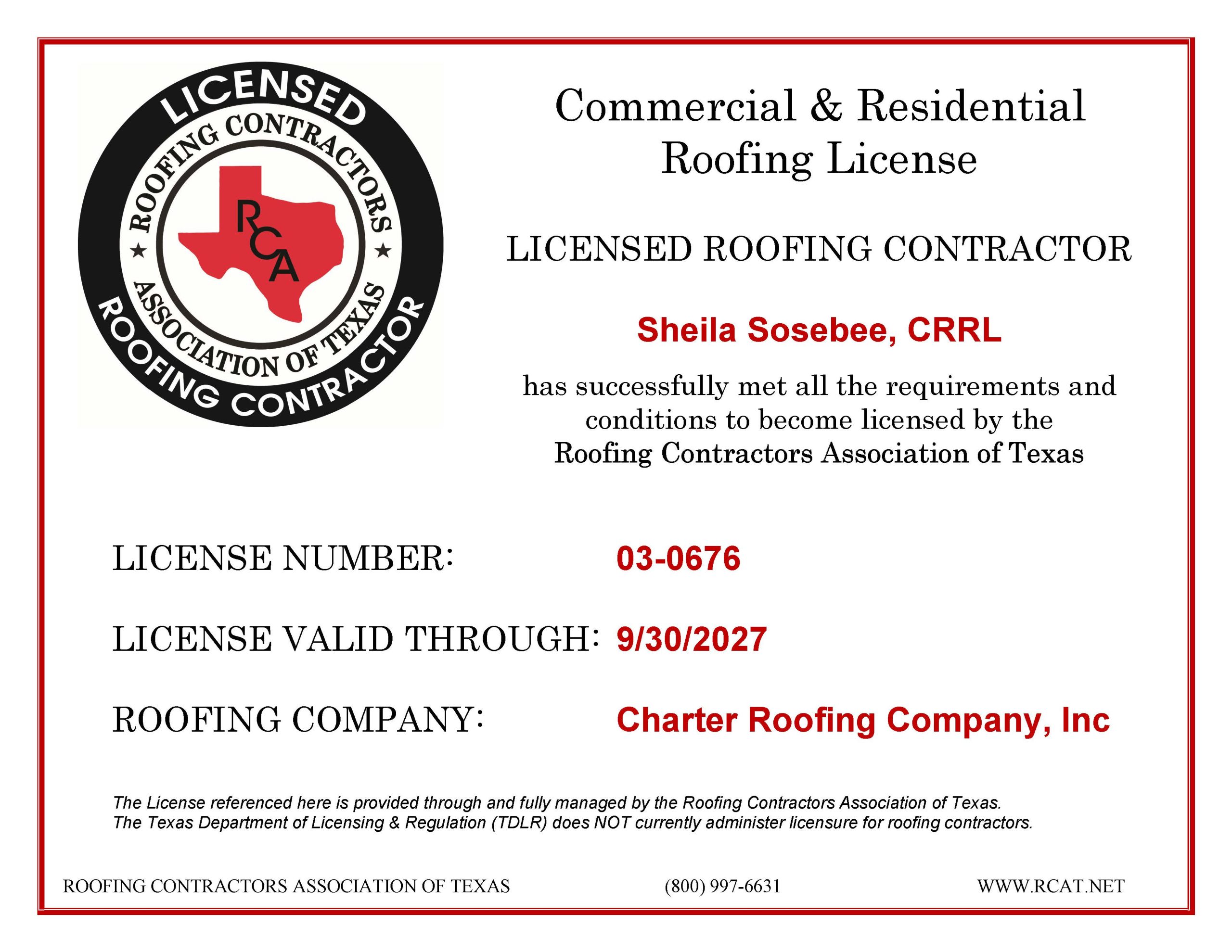 Sheila Sosebee commercial and residential roofing license